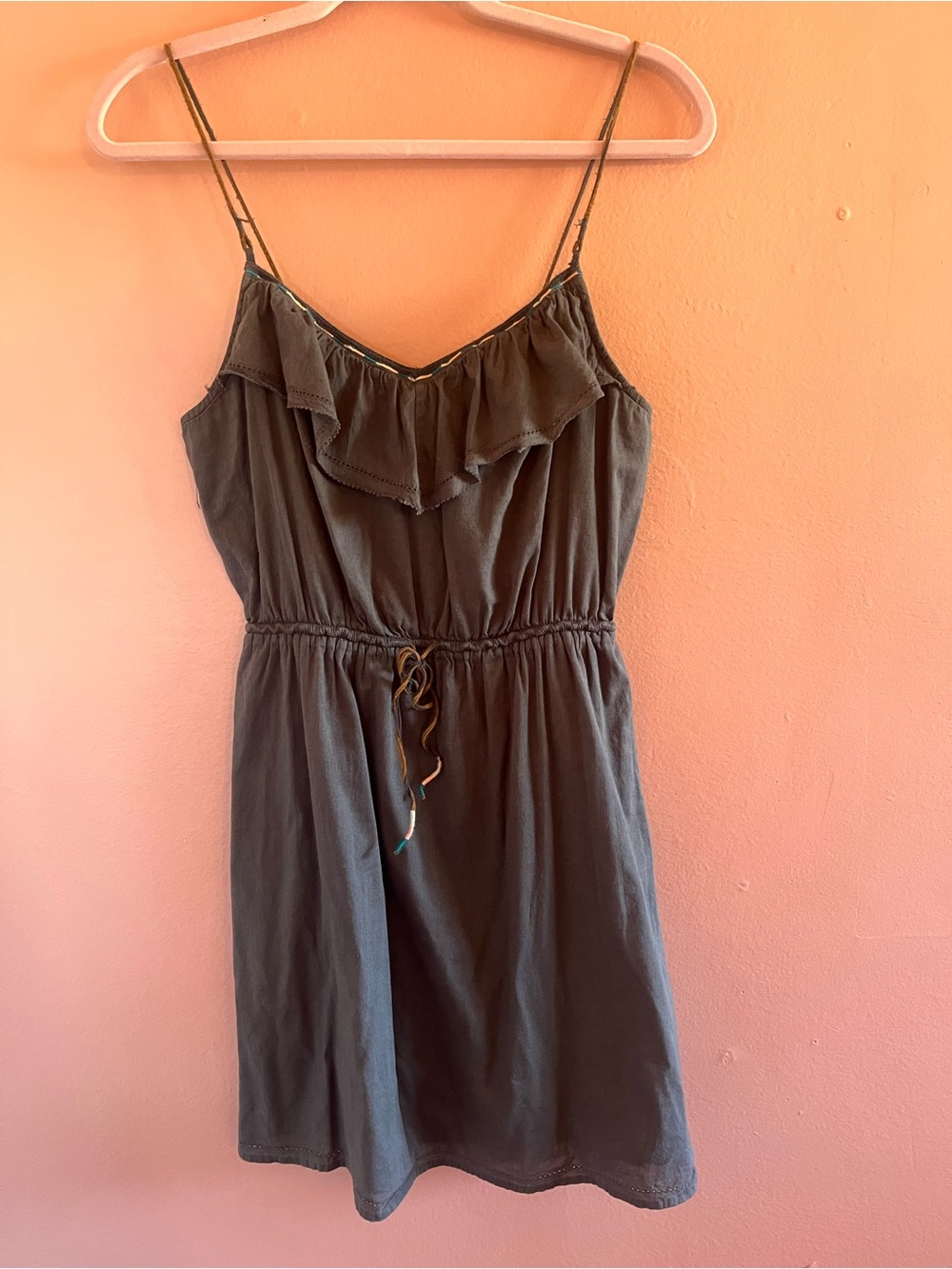 American Eagle Outfitters Gray Ruffle-Front Tribal Style Strap Mini Dress